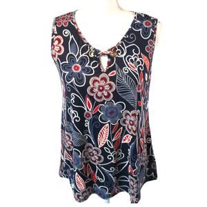 Expresso Women's Sleeveless Red, White & Blue Floral Print Tank Shirt Size Large